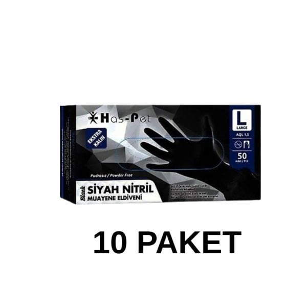 Has-Pet Siyah Pudrasız Nitril Ekstra Kalın Muayene Eldiveni Large  50 Li 10 Paket