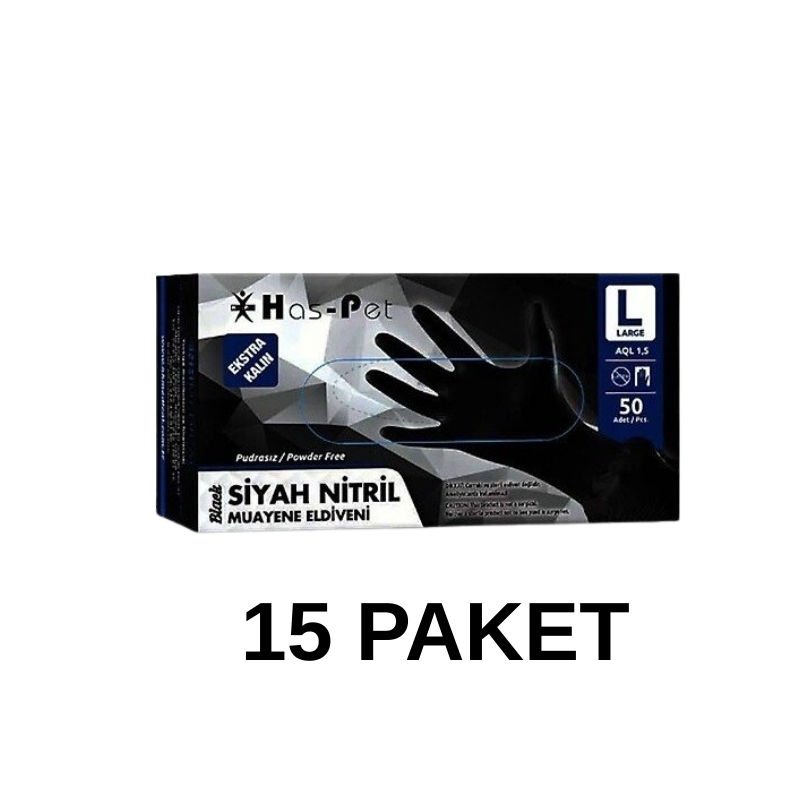 Has-Pet Siyah Pudrasız Nitril Ekstra Kalın Muayene Eldiveni Large  50 Li 15 Paket