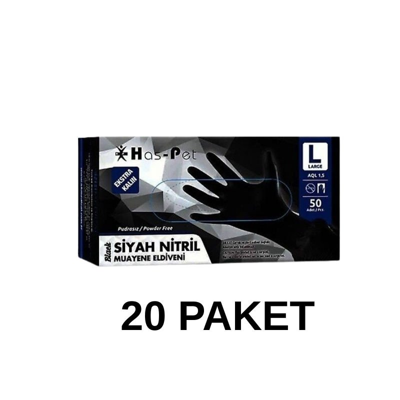 Has-Pet Siyah Pudrasız Nitril Ekstra Kalın Muayene Eldiveni Large  50 Li 20 Paket