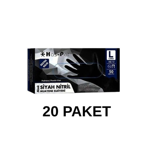 Has-Pet Siyah Pudrasız Nitril Ekstra Kalın Muayene Eldiveni Large  50 Li 20 Paket