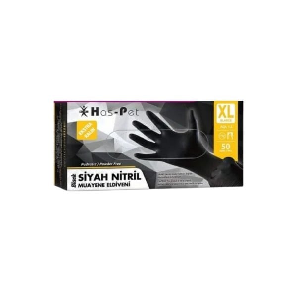 Has-Pet Siyah Pudrasız Nitril Ekstra Kalın Muayene Eldiveni XL  50 Li