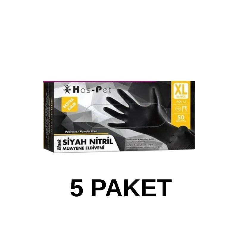 Has-Pet Siyah Pudrasız Nitril Ekstra Kalın Muayene Eldiveni XL  50 Li 5 Paket
