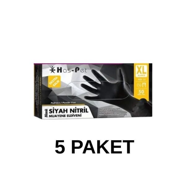 Has-Pet Siyah Pudrasız Nitril Ekstra Kalın Muayene Eldiveni XL  50 Li 5 Paket