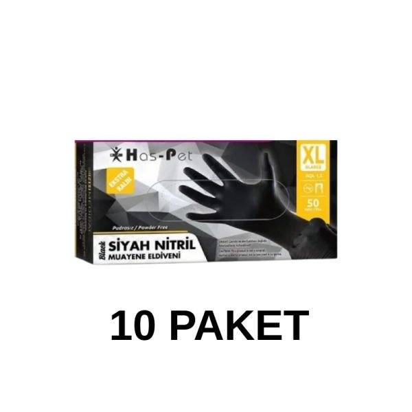 Has-Pet Siyah Pudrasız Nitril Ekstra Kalın Muayene Eldiveni XL  50 Li 10 Paket