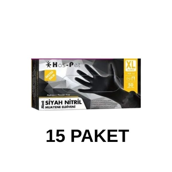 Has-Pet Siyah Pudrasız Nitril Ekstra Kalın Muayene Eldiveni XL  50 Li 15 Paket