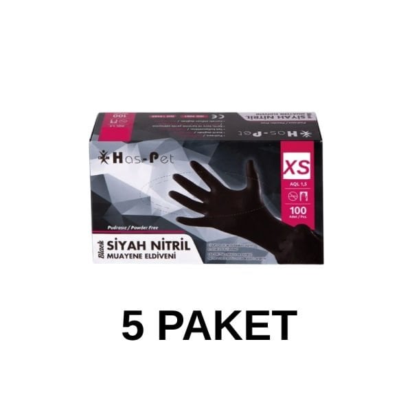 Has-Pet Siyah Pudrasız Nitril Muayene Eldiveni XS 100 Lü 5 Paket