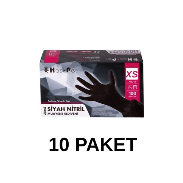 Has-Pet Siyah Pudrasız Nitril Muayene Eldiveni XS 100 Lü 10 Paket