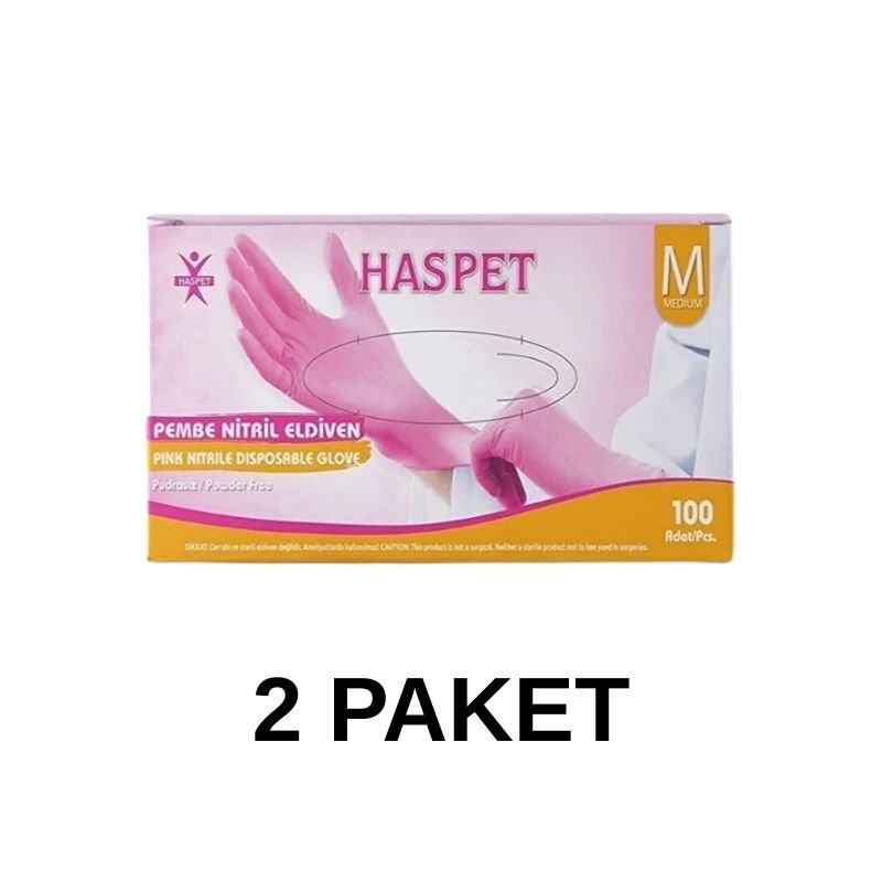 Has-Pet Pembe Pudrasız Nitril Muayene Eldiveni Medium 100 Lü 2 Paket