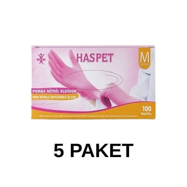 Has-Pet Pembe Pudrasız Nitril Muayene Eldiveni Medium 100 Lü 5 Paket