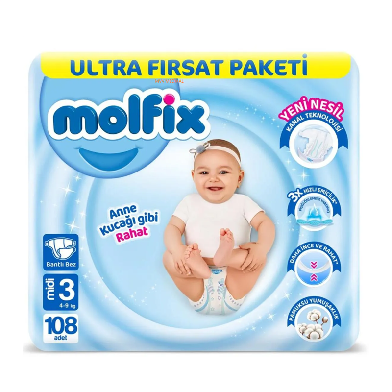 Molfix Bantlı Bebek Bezi 3 Beden Midi 108 Li