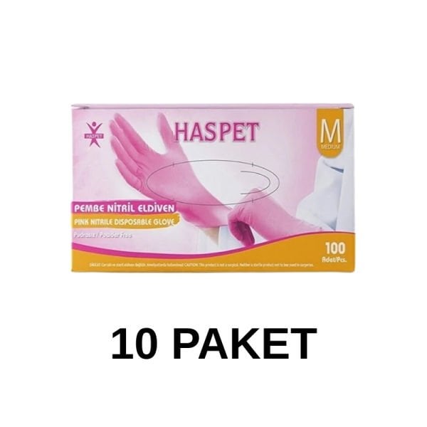 Has-Pet Pembe Pudrasız Nitril Muayene Eldiveni Medium 100 Lü 10 Paket