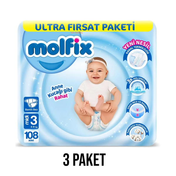 Molfix Bantlı Bebek Bezi 3 Beden Midi 108 Li 3 Paket