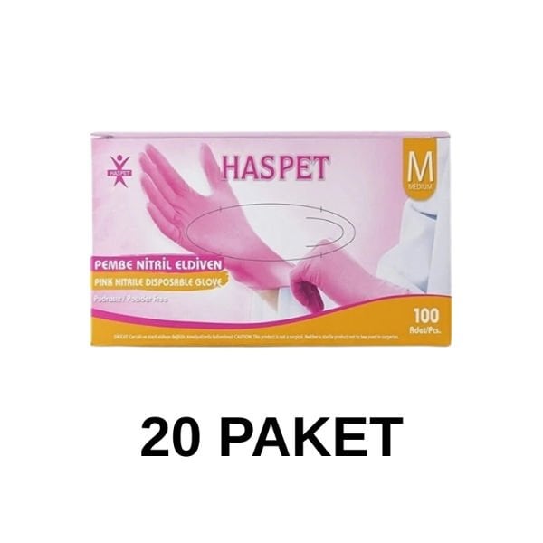 Has-Pet Pembe Pudrasız Nitril Muayene Eldiveni Medium 100 Lü 20 Paket