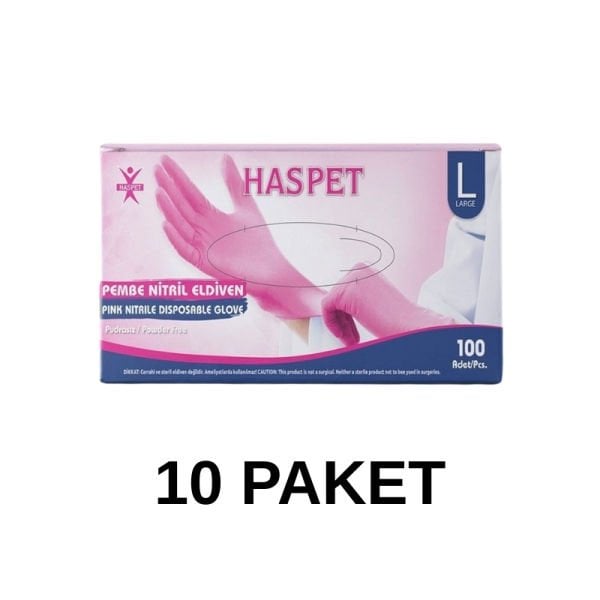 Has-Pet Pembe Pudrasız Nitril Muayene Eldiveni Large 100 Lü 10 Paket