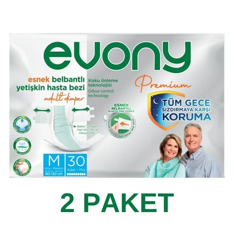 Evony Premium Esnek Belbantlı Yetişkin Hasta Bezi M 30 Lu 2 Paket