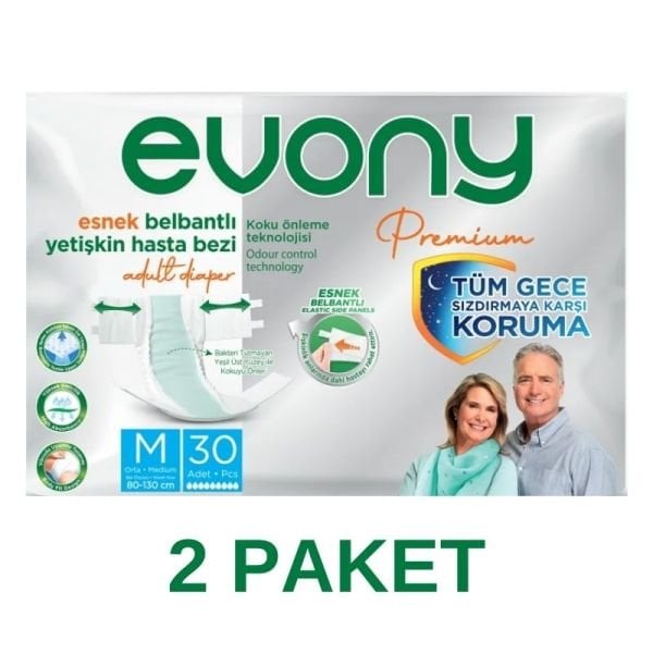 Evony Premium Esnek Belbantlı Yetişkin Hasta Bezi M 30 Lu 2 Paket