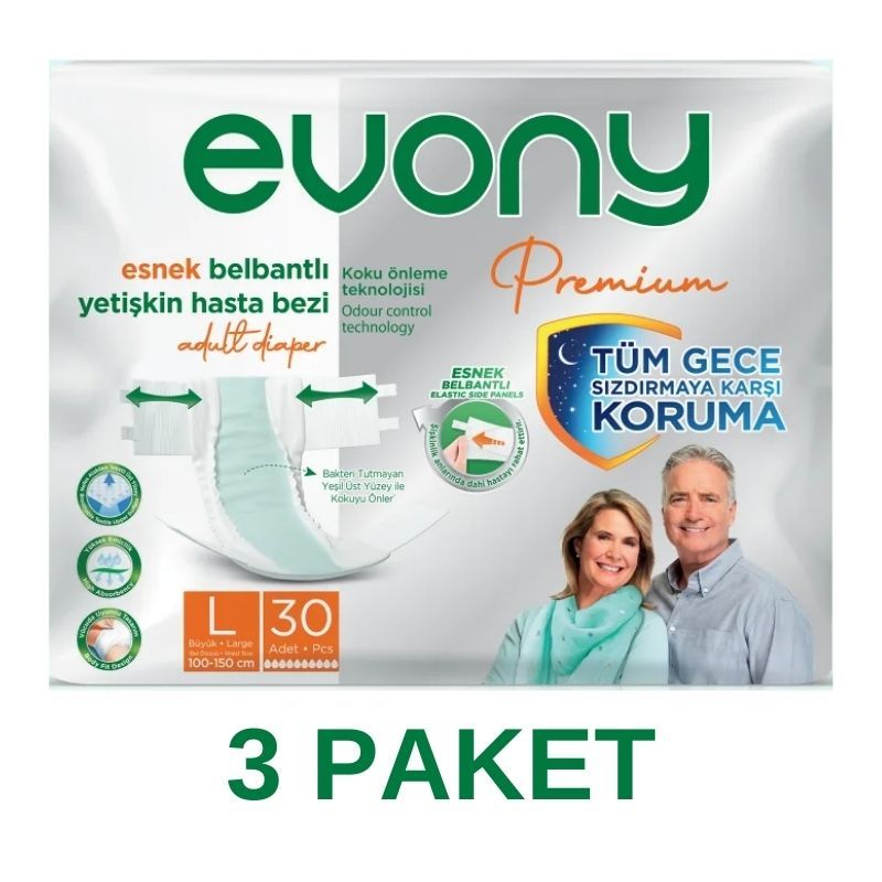 Evony Premium Flexible Waistband Adult Diaper L 30 Piece 3 Pack