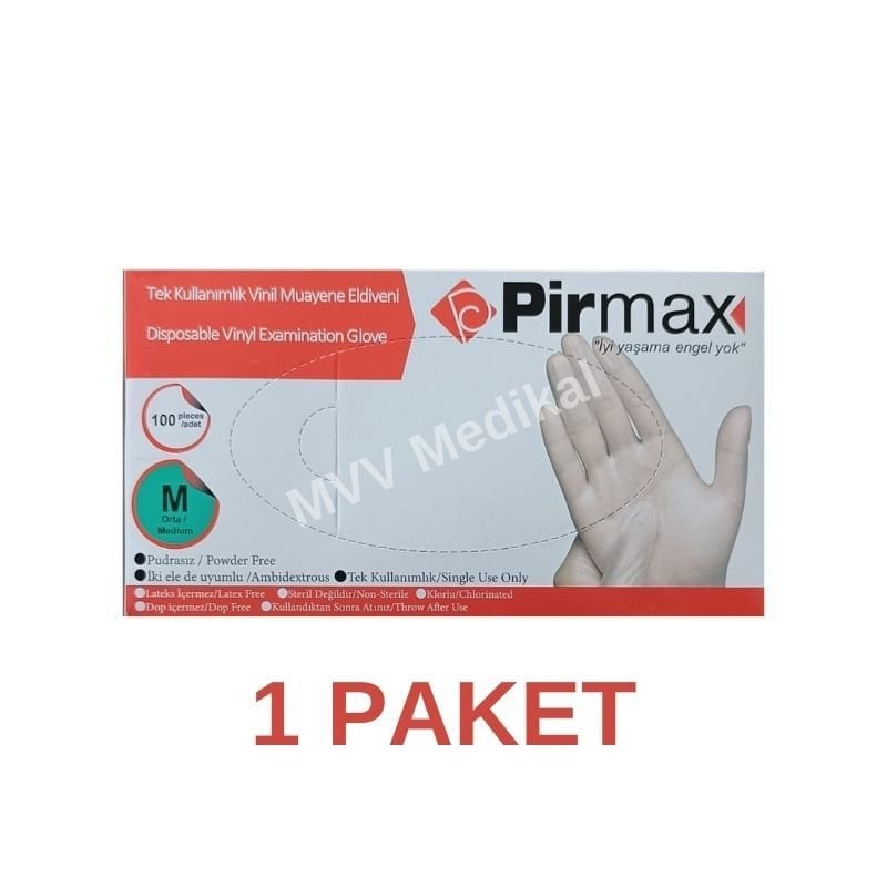 Pirmax Tek Kullanımlık Vinil Muayene Eldiveni Medium 100 Adet