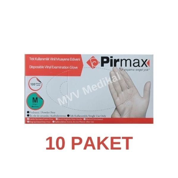 Pirmax Tek Kullanımlık Vinil Muayene Eldiveni Medium 100 Adet 10 Paket