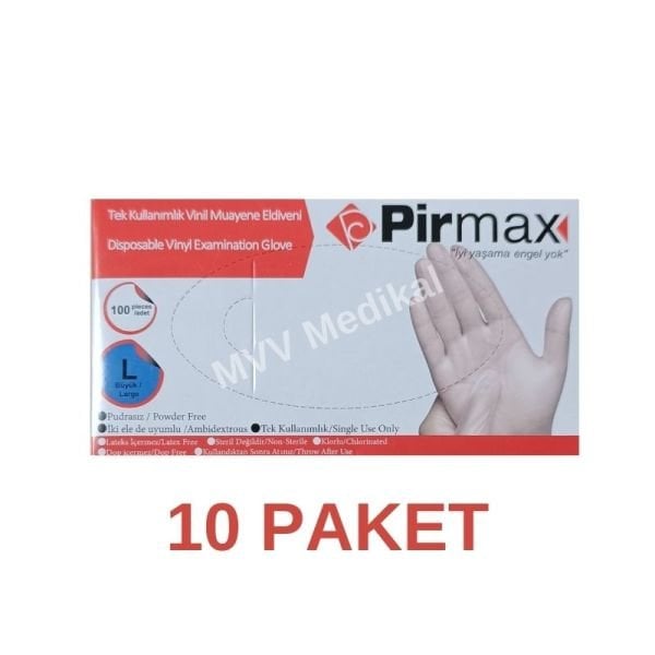 Pirmax Tek Kullanımlık Vinil Muayene Eldiveni Large 100 Adet 10 Paket