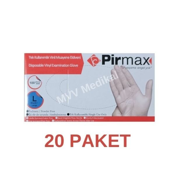 Pirmax Tek Kullanımlık Vinil Muayene Eldiveni Large 100 Adet 20 Paket