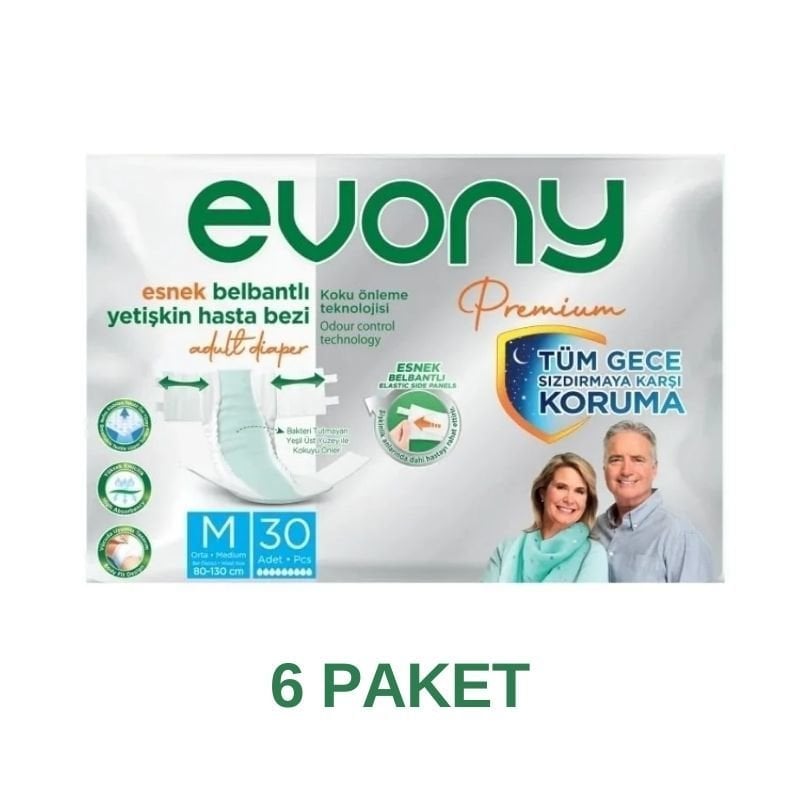 Evony Premium Esnek Belbantlı Yetişkin Hasta Bezi M 30 Lu 6 Paket