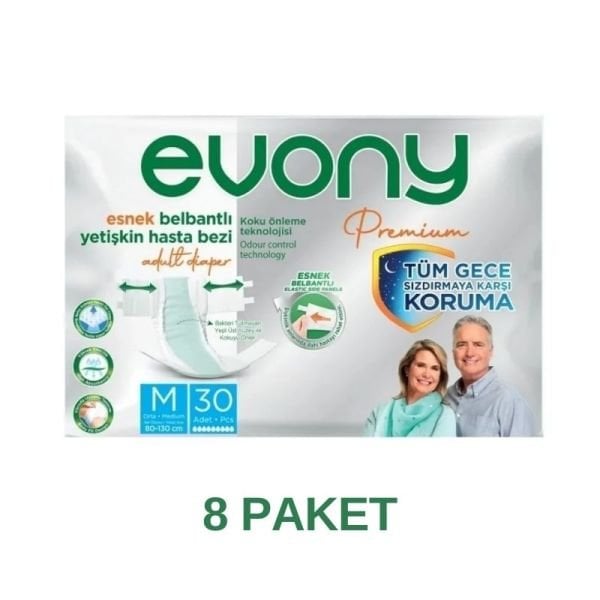 Evony Premium Esnek Belbantlı Yetişkin Hasta Bezi M 30 Lu 8 Paket