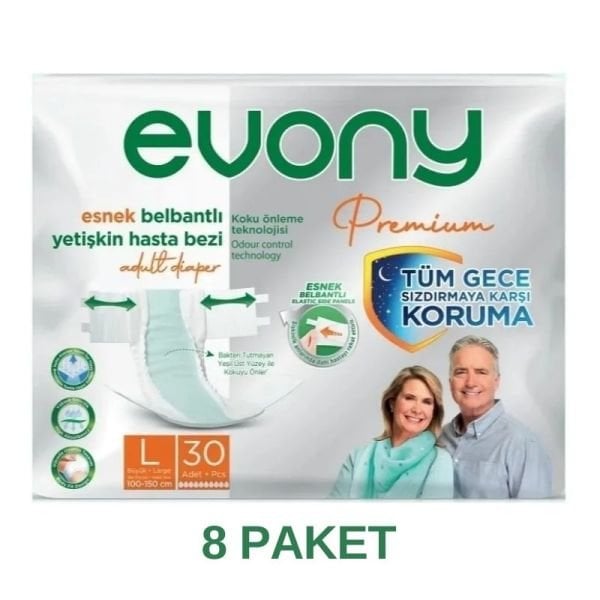 Evony Premium Esnek Belbantlı Yetişkin Hasta Bezi L 30 Lu 8 Paket