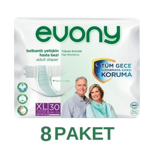 Evony Premium Esnek Belbantlı Yetişkin Hasta Bezi XL 30 Lu 8 Paket