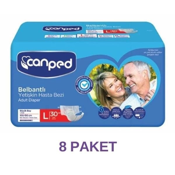 Canped Belbantlı Tekstil Yüzeyli Yetişkin Hasta Bezi L 30 Lu 8 Paket