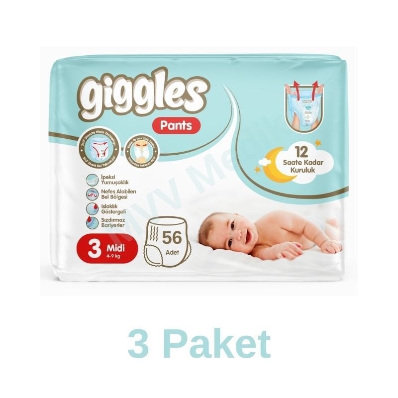 Giggles Pants Külotlu Bebek Bezi 3 Numara Midi 56 Lı 3 Paket