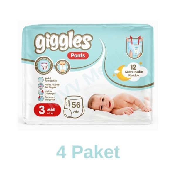 Giggles Pants Külotlu Bebek Bezi 3 Numara Midi 56 Lı 4 Paket