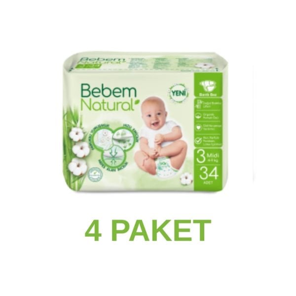 Bebem Natural Midi Bebek Bezi 3 Numara 34 Adet 4 Paket