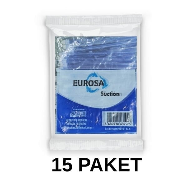 Eurosa Tükürük Emici Sakşın Mavi 100 Adet 15 Paket