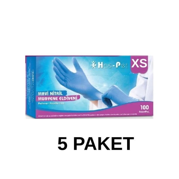 Has-Pet Mavi Pudrasız Nitril Muayene Eldiveni XS 100 Lü 5 Paket