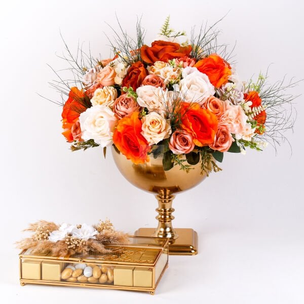 Çiçek - Çikolata Set (Ayaklı Gold Vazo & Çikolata)