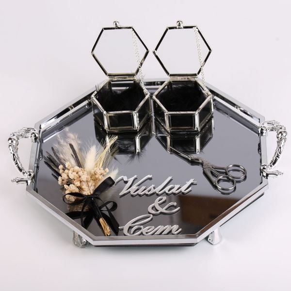 Siyah Cam Sekizgen Söz Tepsisi - Set