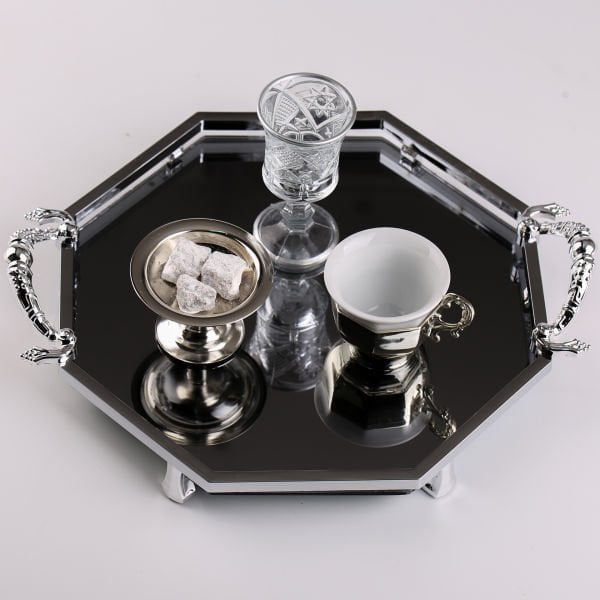Sekizgen Siyah Cam Tepsi - İsteme / Damat Kahvesi - Set