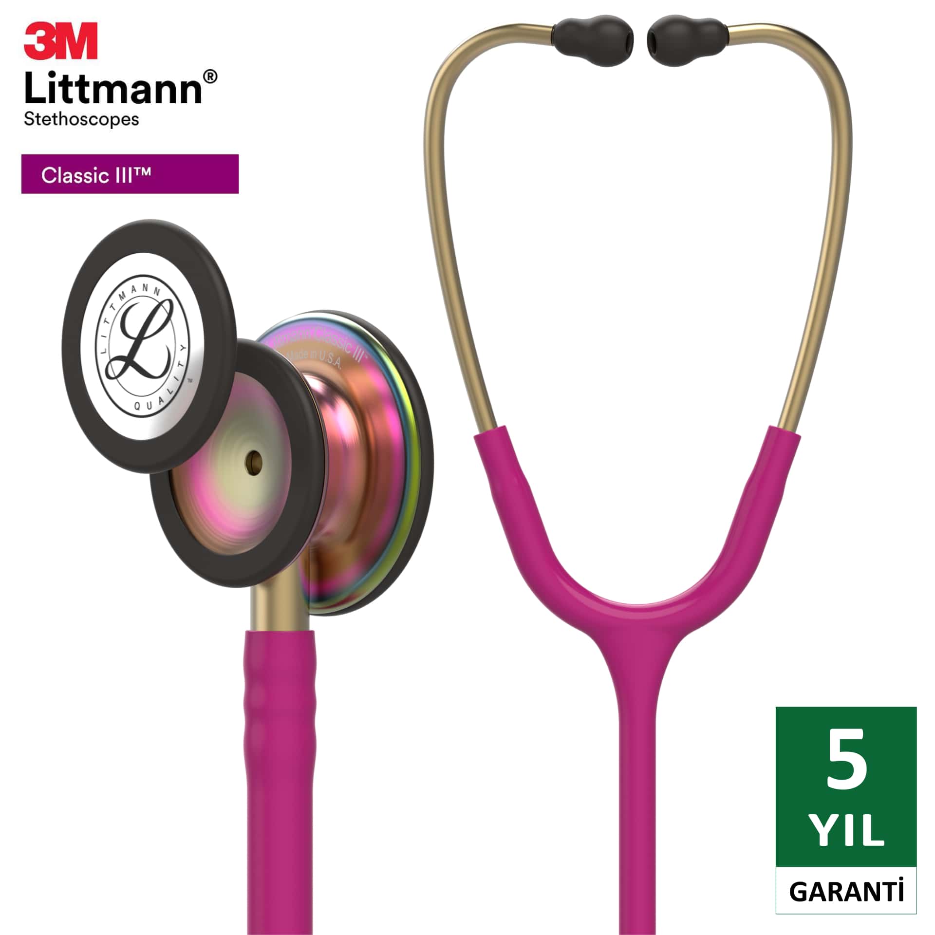 5806 3M™ Littmann® Classic III™ Stetoskop, Gökkuşağı Çan, Fuşya Hortum