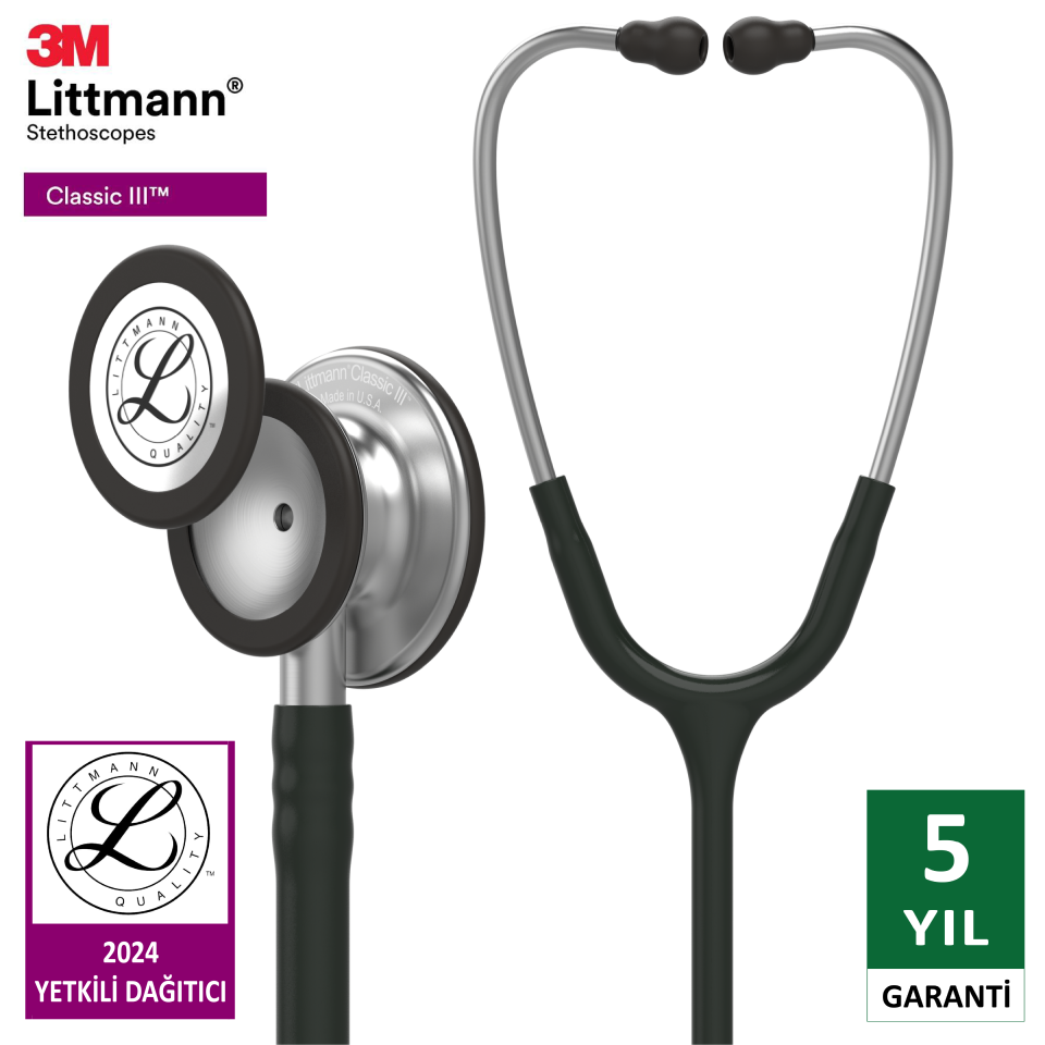 5620 3M™ Littmann® Classic III™ Stetoskop, Paslanmaz Çelik Çan, Siyah Hortum