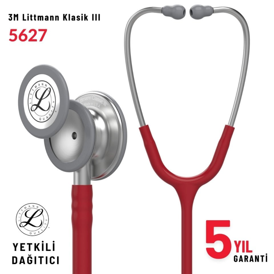 5627 3M™ Littmann® Classic III™ Stetoskop, Paslanmaz Çelik Çan, Bordo Hortum