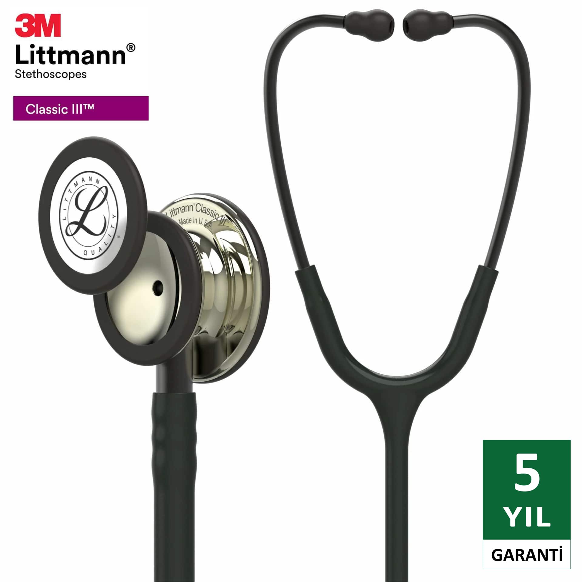 5861 3M™ Littmann® Classic III™ Stetoskop, Şampanya Aynalı Çan, Siyah Hortum