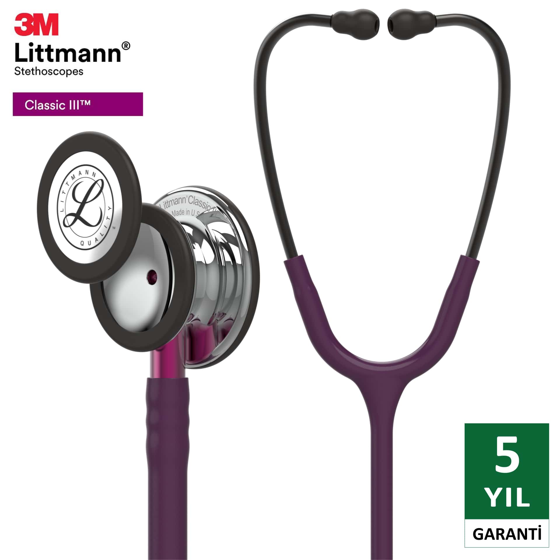 5960 3M™ Littmann® Classic III™ Stetoskop, Gümüş Aynalı Çan, Mürdüm Hortum