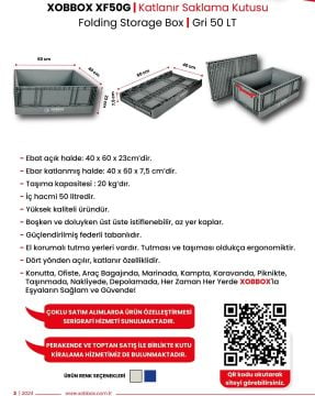 XOBBOX XF50G / Katlanır Saklama Kutusu / Folding Storage Box / Gri 50 LT (Adet Satış Fiyatı)