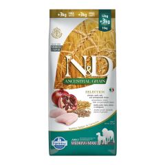 N&D Düşük Tahıllı Tavuklu Narlı Medium Maxi Adult Köpek Maması 12 Kg + 3 Kg PND1500001