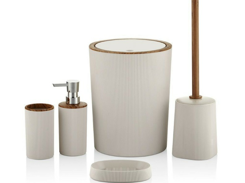 BANYO SETİ 5Lİ DANZEL ÇİZGİLİ YUV. AHŞAP KUM BEJ