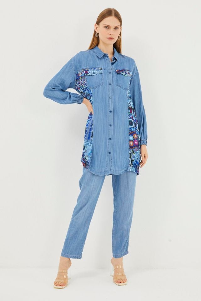 Zühre Patterned Shirt Collar Blue Jean Tunic-1444