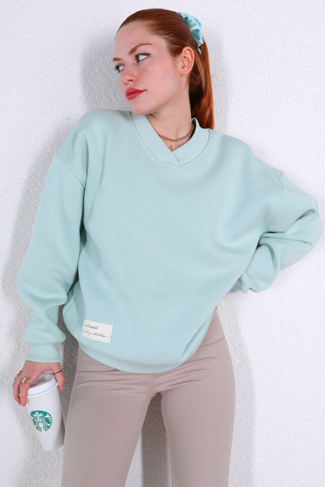 V Yaka Basic Sweatshirt Su Yeşili