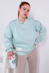 V Yaka Basic Sweatshirt Su Yeşili