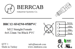 BRC12-SF42N0-05BPVC | Berrcab M12 Düz Dişi 4 Pin 5 Metre PVC Kablolu Konektör - Sensör/Aktüatör Kablosu